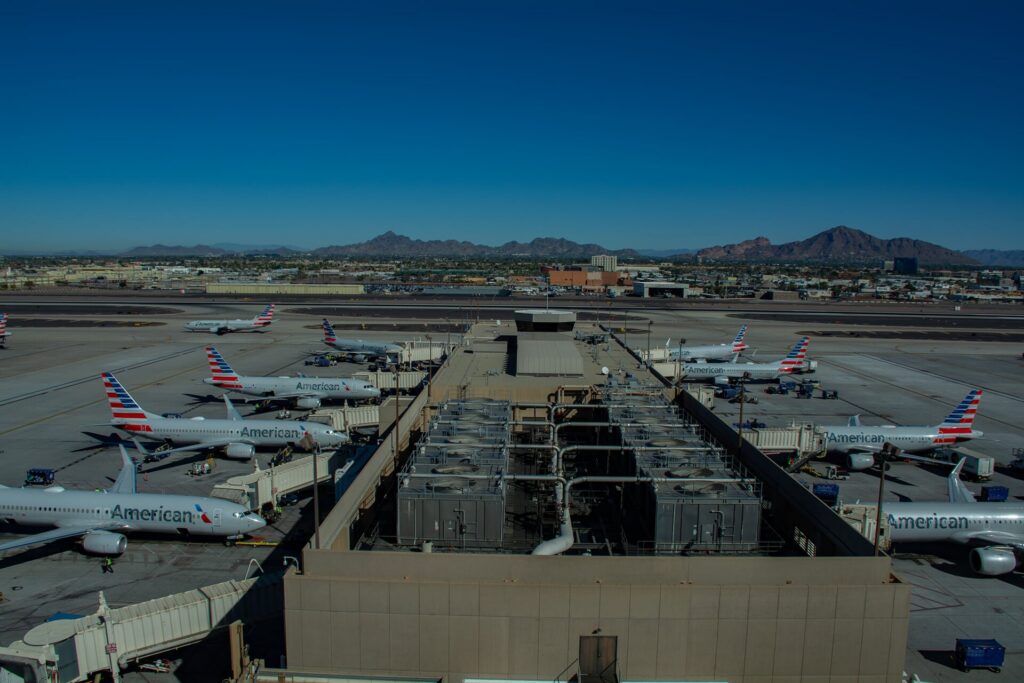 American Airlines jets at the gates at Phoenix Sky Harbor International Airport