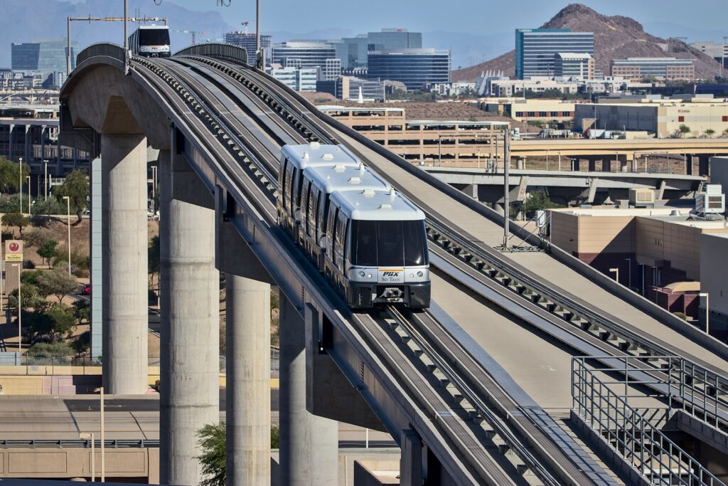 The PHX Sky Train approaching Terminal 4 at Phoenix Sky Harbor