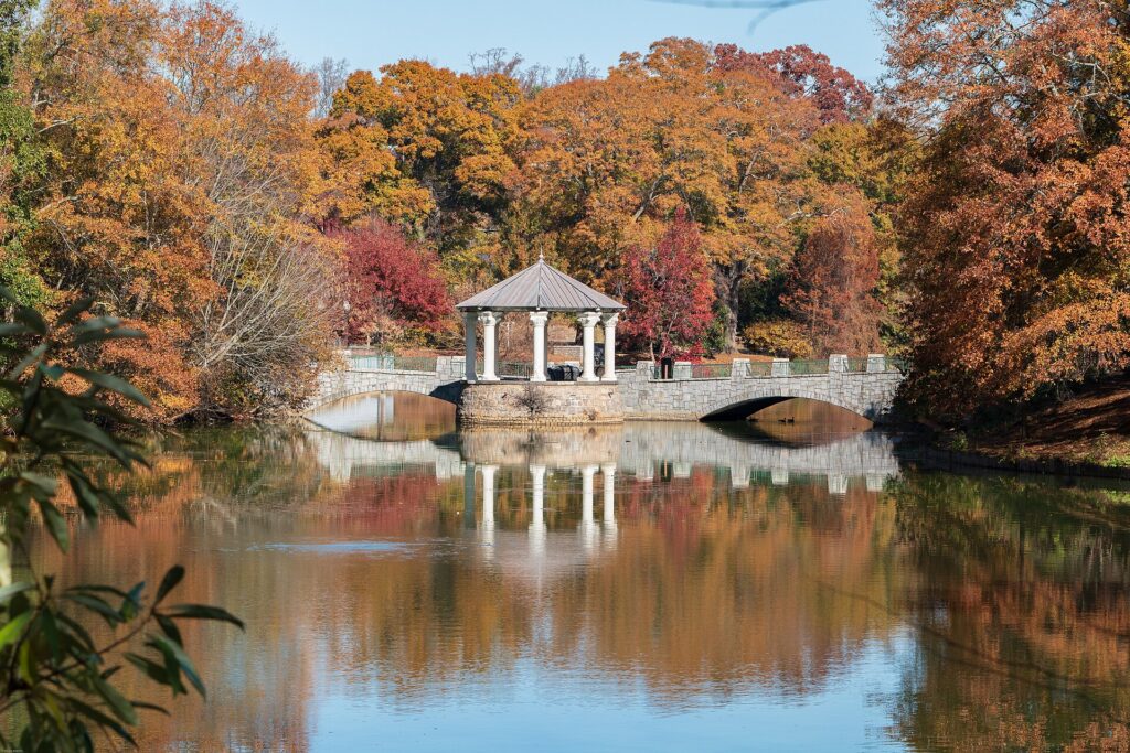 Fall colors around the gazebo at Lake Clara Meer in Piedmont Park
