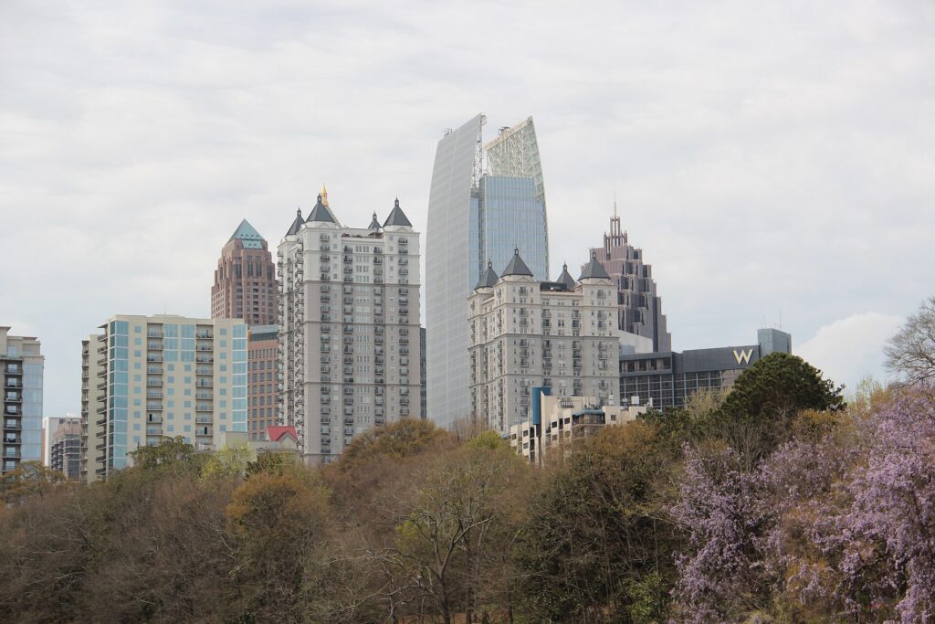 Piedmont Park and the Midtown Atlanta skyline in early spring