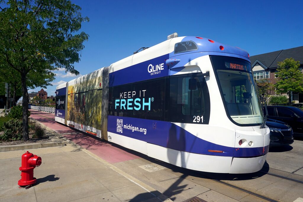 A QLine streetcar on Woodward Avenue in Detroit