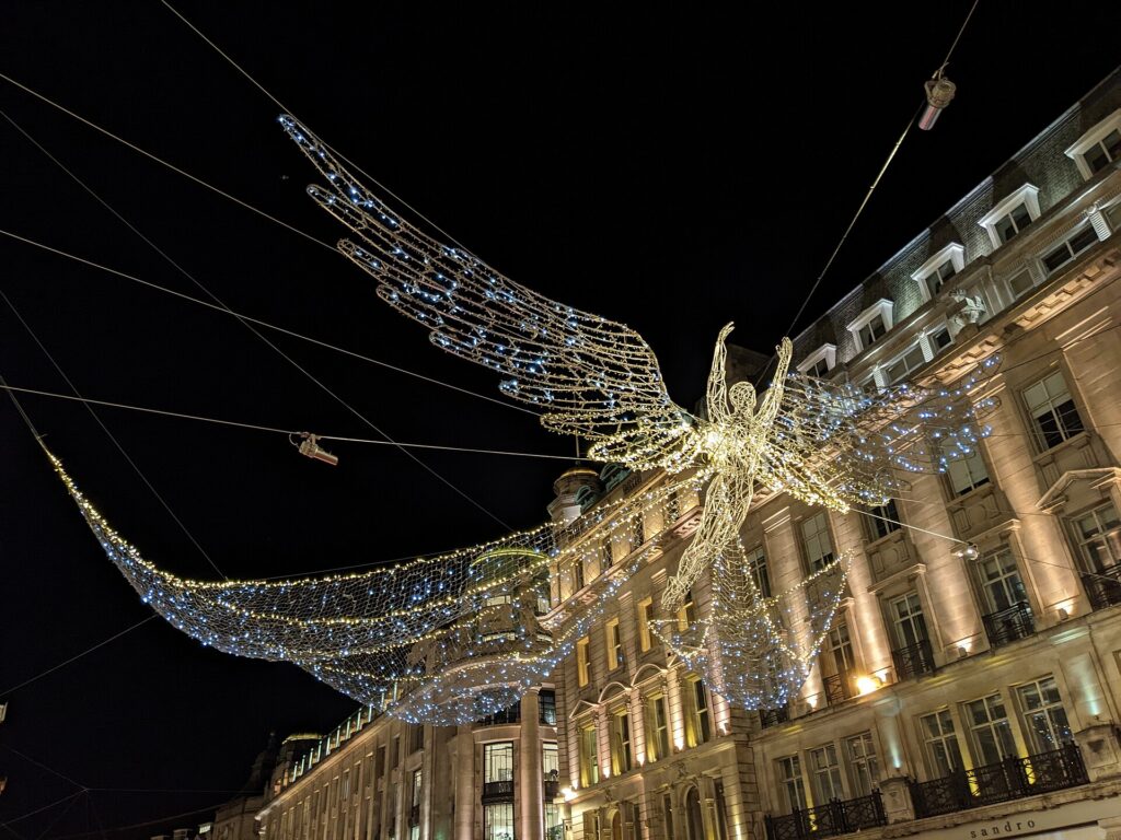 Christmas lights strung above Regent Street in London's West End