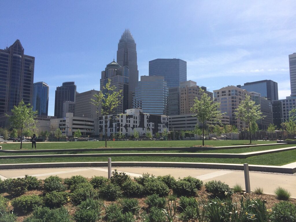 Romare Bearden Park with the Uptown Charlotte skyline behind