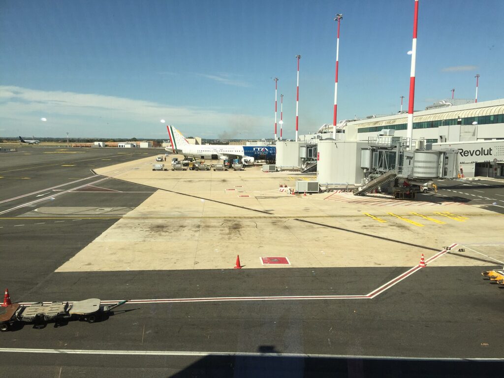 Aircraft at the gates of Rome Fiumicino airport seen from the terminal