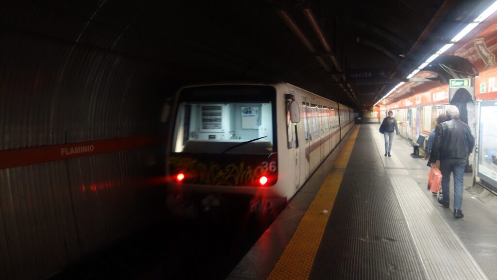 A Line A metro train arriving at Flaminio station in Rome