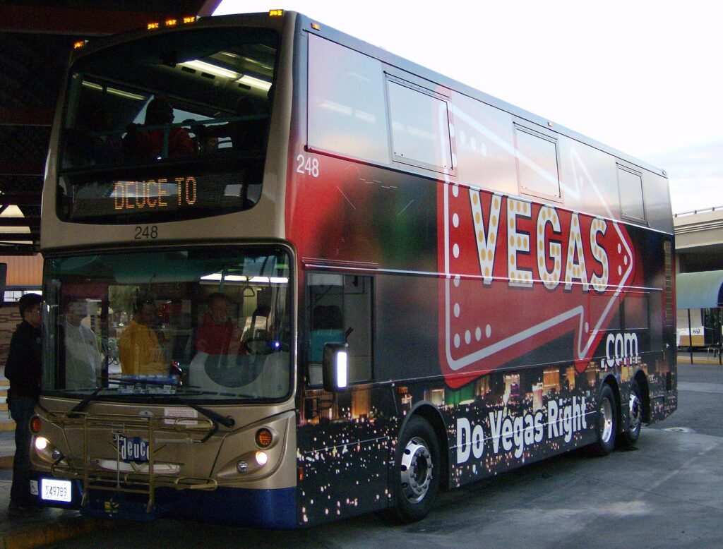 An RTC Deuce double-decker bus on the Las Vegas Strip