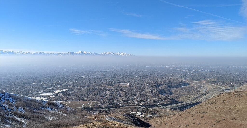 Winter inversion haze lying over the Salt Lake Valley