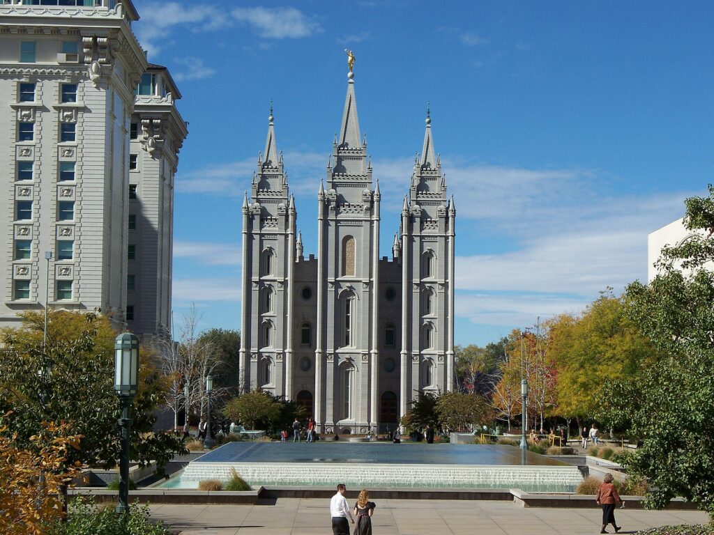The granite Salt Lake Temple on Temple Square in downtown Salt Lake City