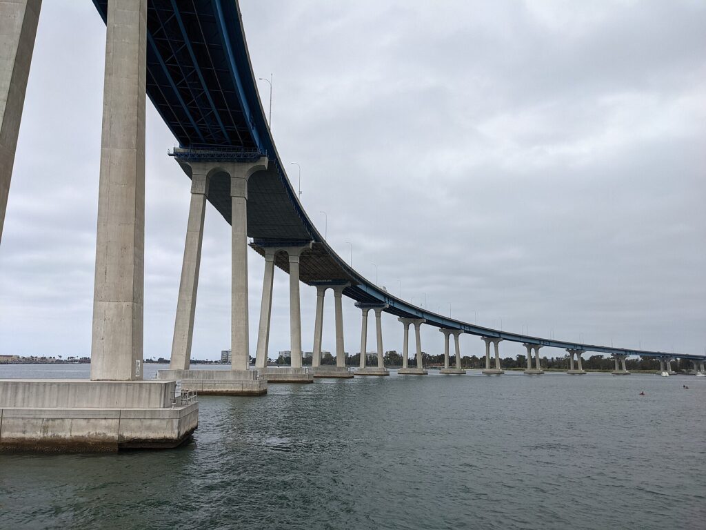 The curving San Diego-Coronado Bridge over San Diego Bay