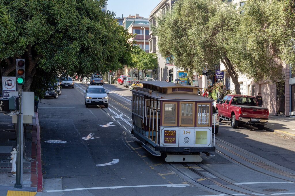 A cable car climbing Hyde Street in San Francisco