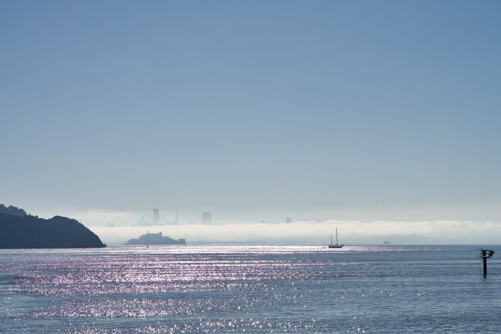 Fog rolling over the San Francisco skyline, seen across the bay from Tiburon