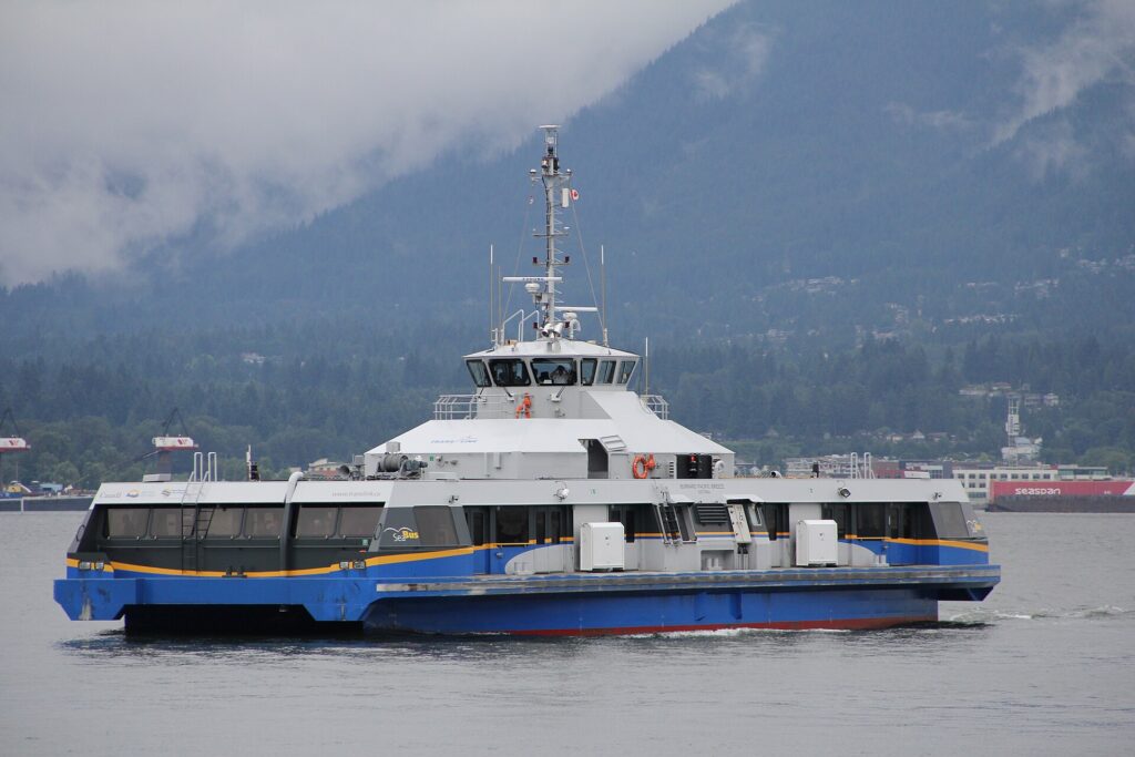 The SeaBus passenger ferry crossing Burrard Inlet between downtown Vancouver and North Vancouver