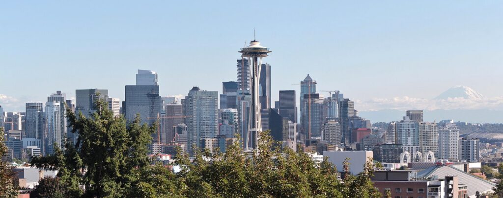 The Seattle skyline and the Space Needle with Mount Rainier behind