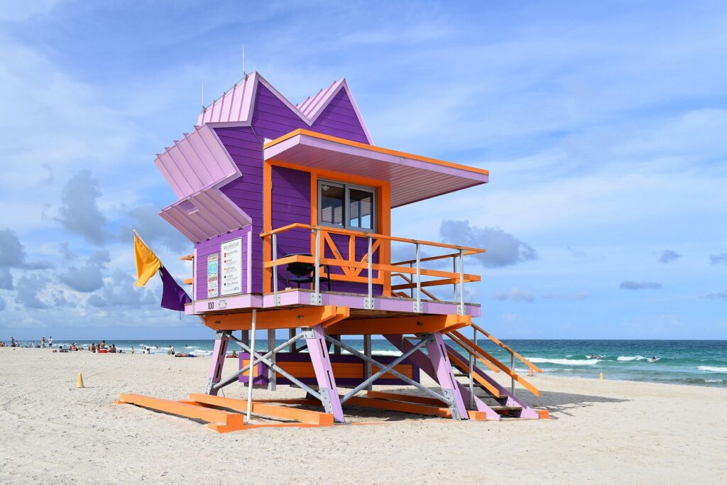 A colorful lifeguard tower on South Beach in Miami Beach