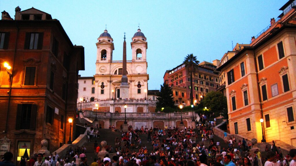 The Spanish Steps in Rome at dusk seen from the Barcaccia fountain