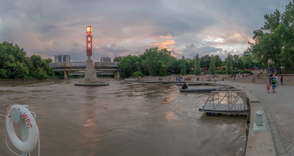 The docks at The Forks on the Red River at dusk in summer