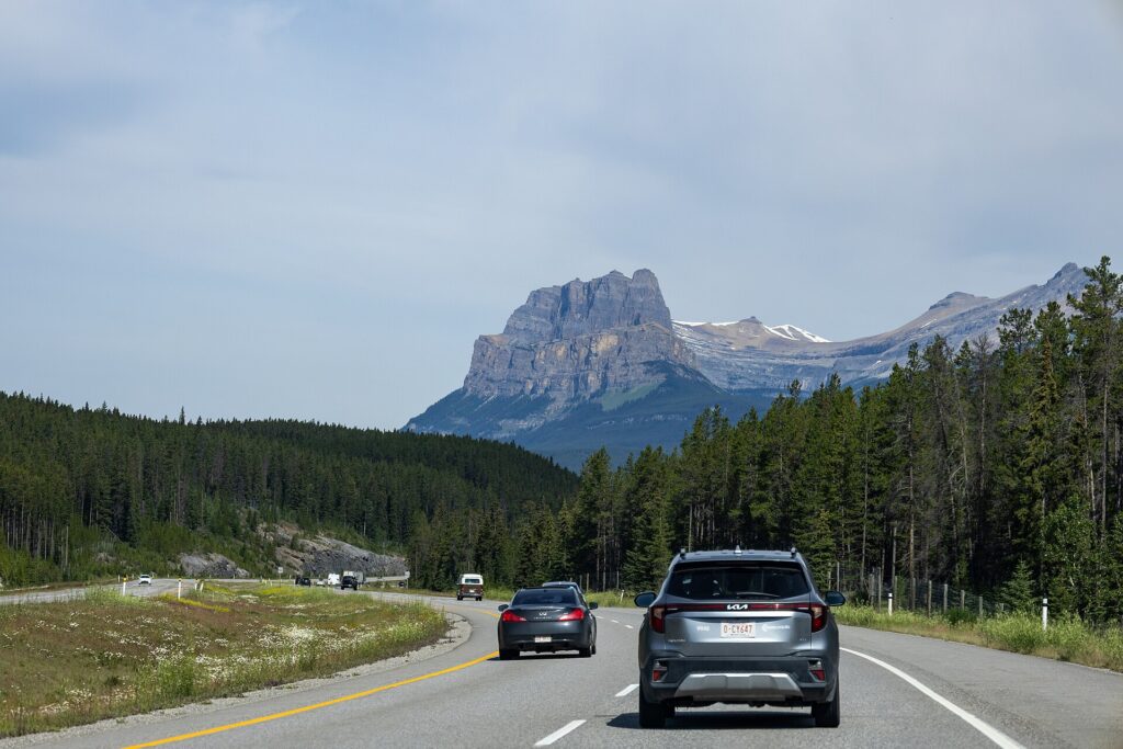 The Trans-Canada Highway approaching the Rockies near Banff