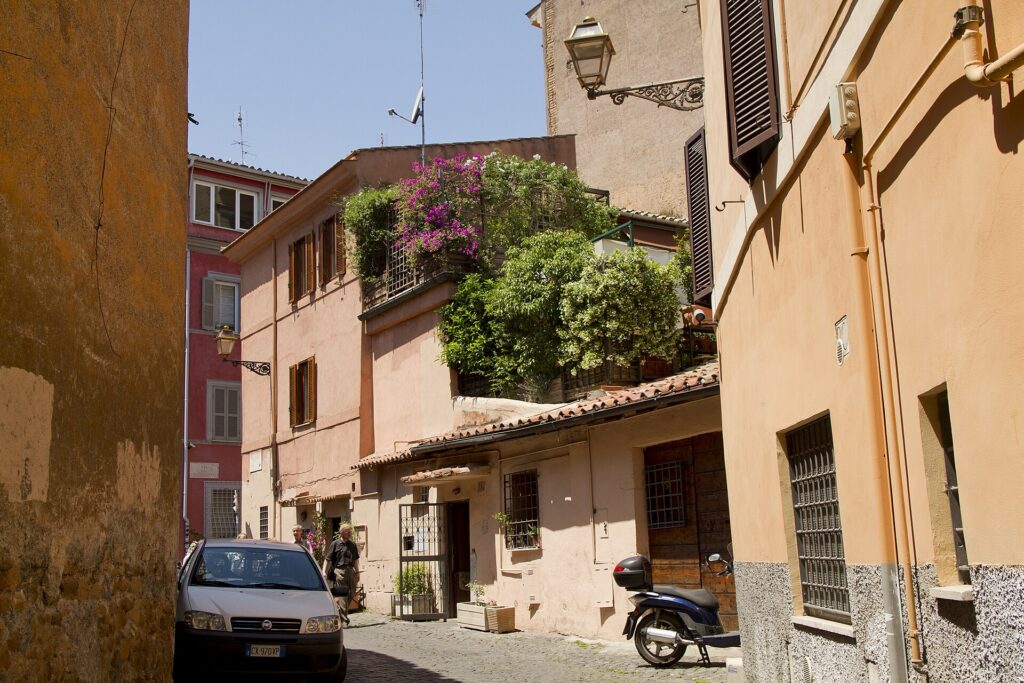 A narrow street in the Trastevere neighbourhood of Rome
