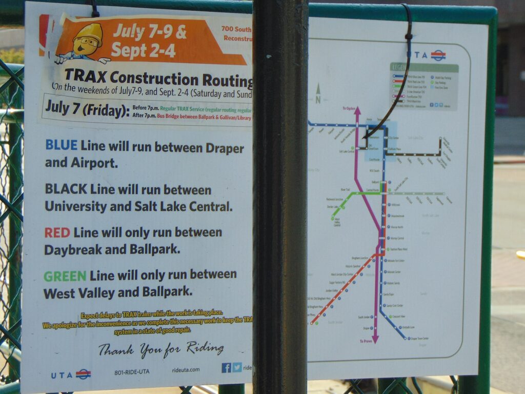 A UTA TRAX Green Line train at Gallivan Plaza in downtown Salt Lake City