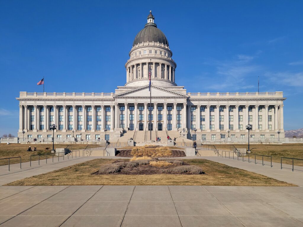 The south front of the domed Utah State Capitol above downtown Salt Lake City
