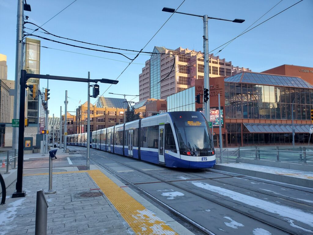 A Valley Line LRT train departing Churchill stop in downtown Edmonton