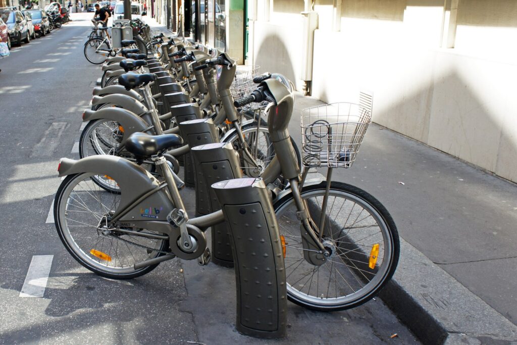 A row of Vélib' shared bikes at a docking station in central Paris