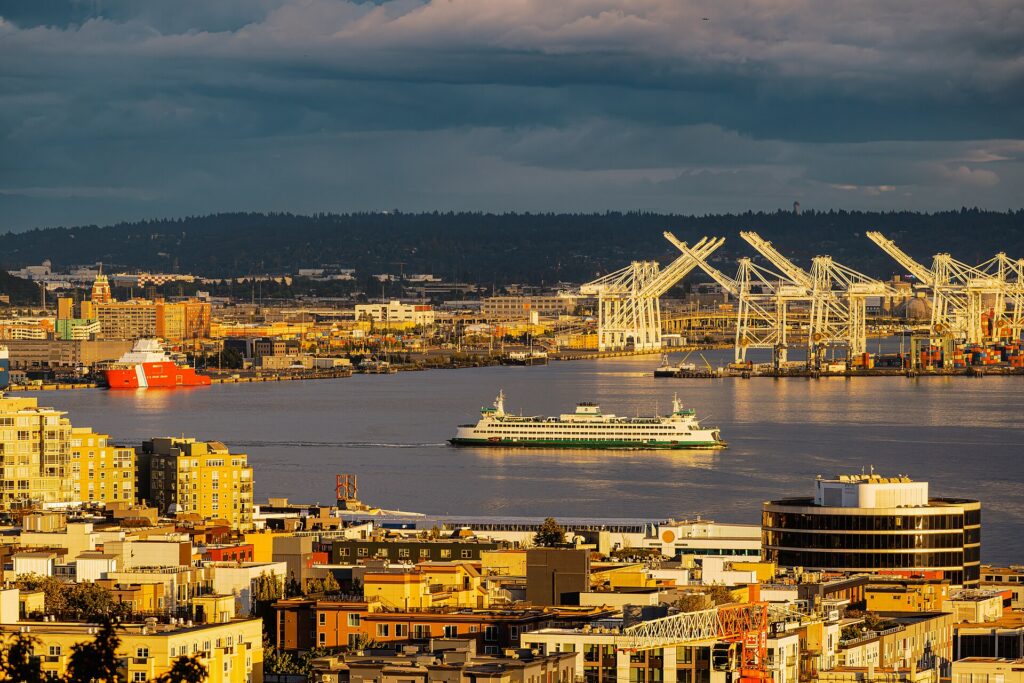 A Washington State ferry crossing Elliott Bay, seen from Queen Anne Hill