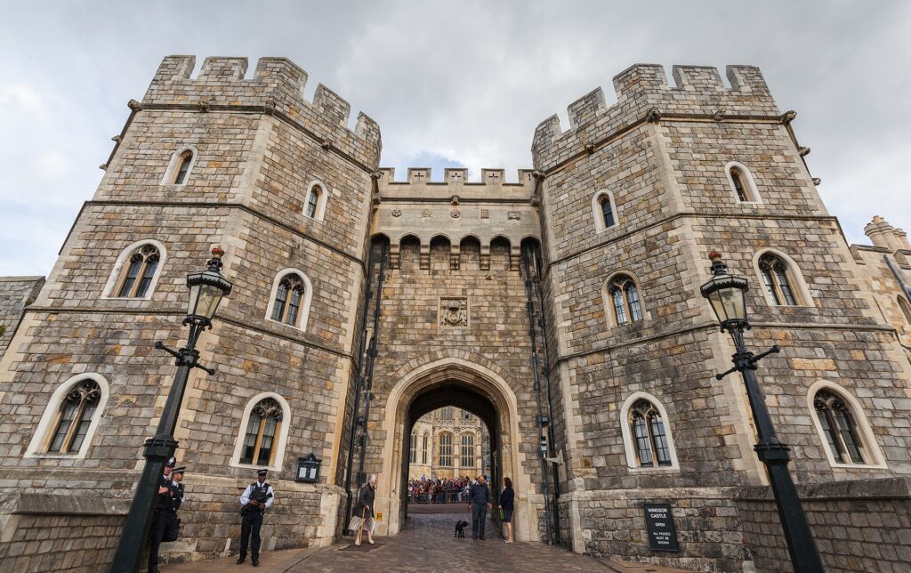 Windsor Castle above the town of Windsor, west of London